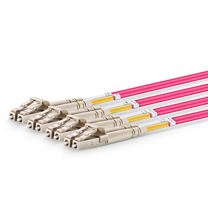 MTP MPO Harness Fiber Breakout Cable, MTP MPO UPC (Female) to 4 LC UPC Duplex 8 Fibers Multimode (OM4) Type B Magenta