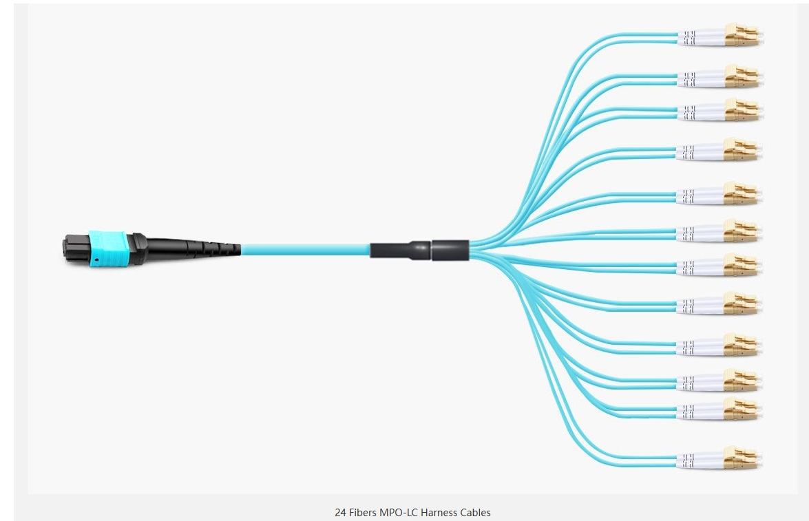 MTP MPO Harness Fiber Breakout Cable, MTP MPO UPC (Female) to 4 LC UPC Duplex 8 Fibers Multimode (OM4) Type B Magenta