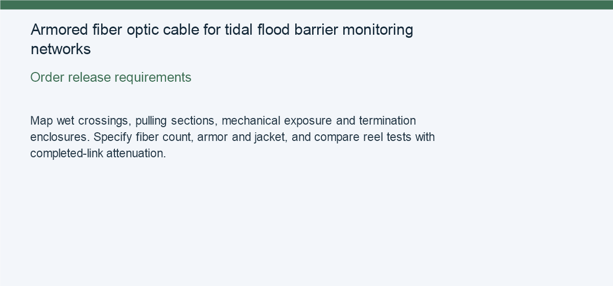 Armored fiber optic cable for tidal flood barrier monitoring networks — Order release requirements
