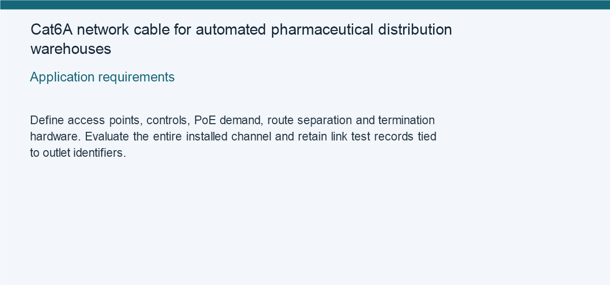Cat6A network cable for automated pharmaceutical distribution warehouses — Application requirements