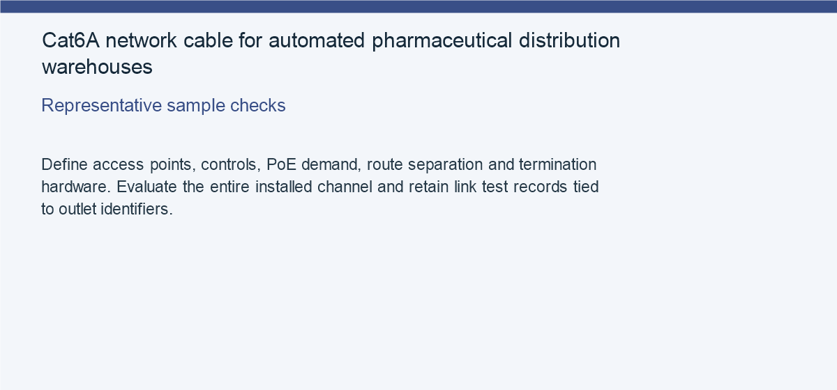 Cat6A network cable for automated pharmaceutical distribution warehouses — Representative sample checks