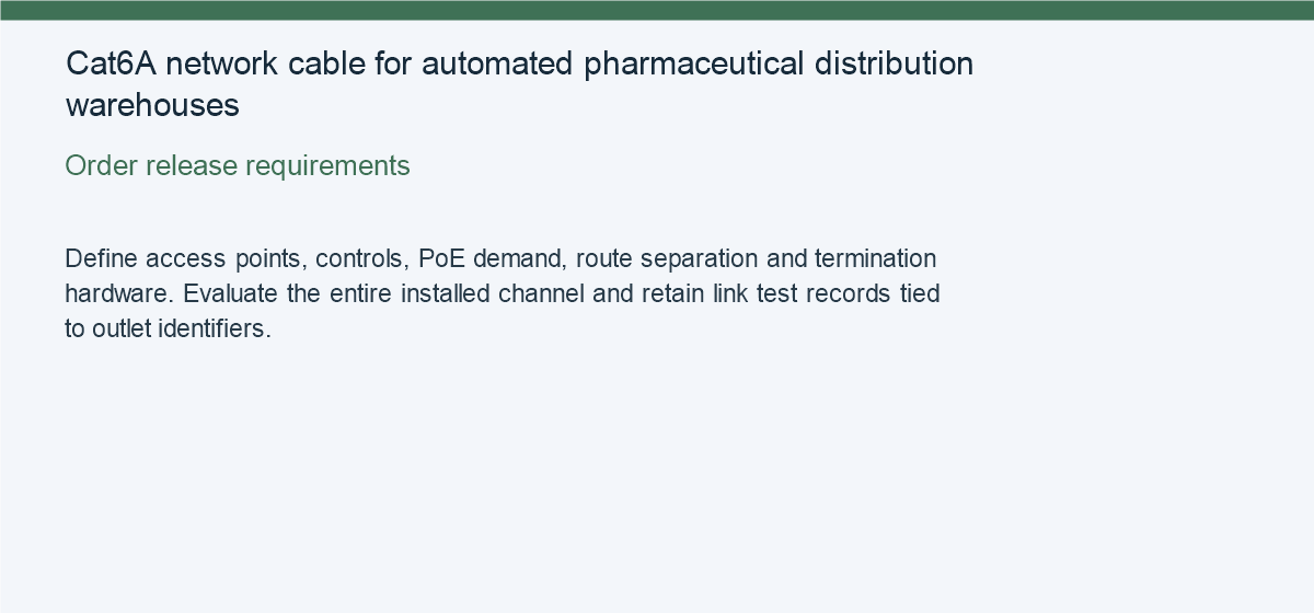 Cat6A network cable for automated pharmaceutical distribution warehouses — Order release requirements