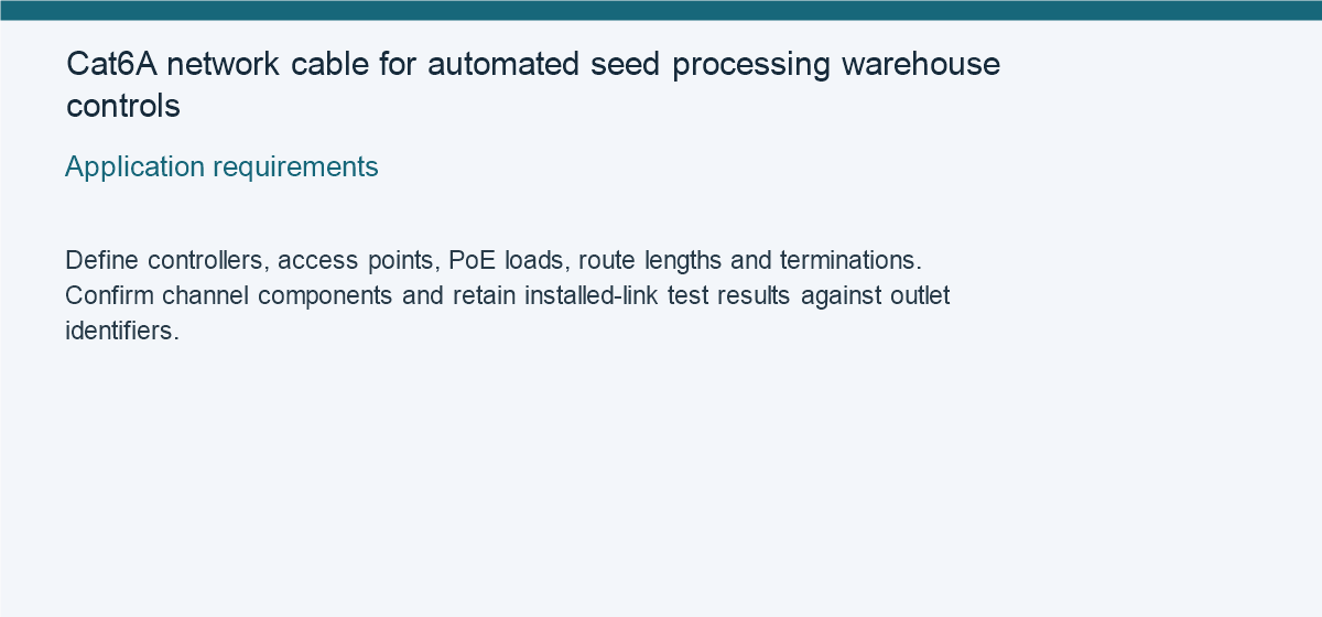 Cat6A network cable for automated seed processing warehouse controls — Application requirements