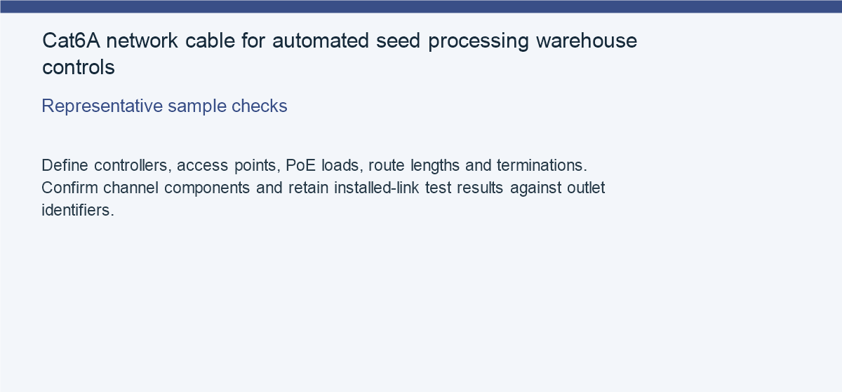 Cat6A network cable for automated seed processing warehouse controls — Representative sample checks
