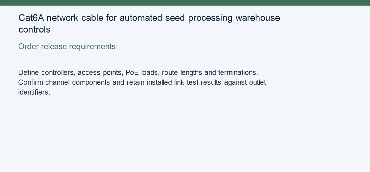 Cat6A network cable for automated seed processing warehouse controls — Order release requirements