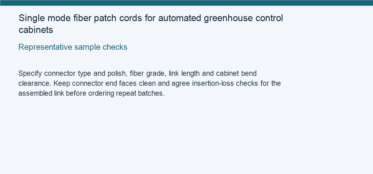 Single mode fiber patch cords for automated greenhouse control cabinets — Representative sample checks