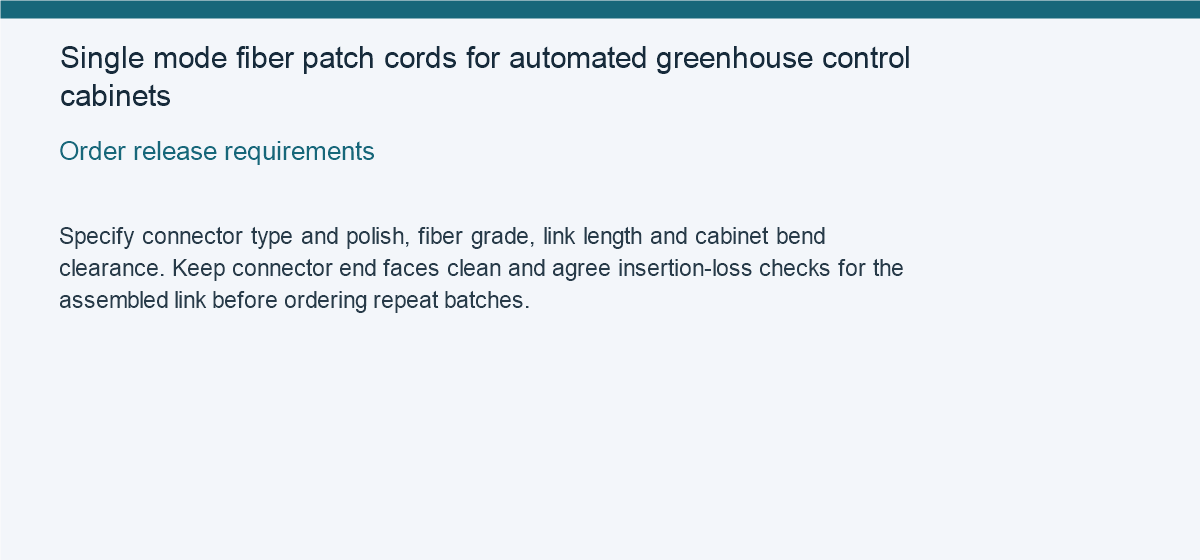 Single mode fiber patch cords for automated greenhouse control cabinets — Order release requirements