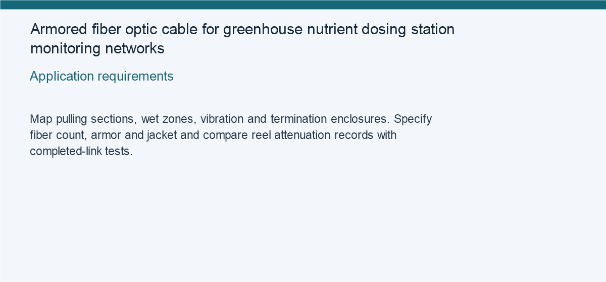 Armored fiber optic cable for greenhouse nutrient dosing station monitoring networks — Application requirements