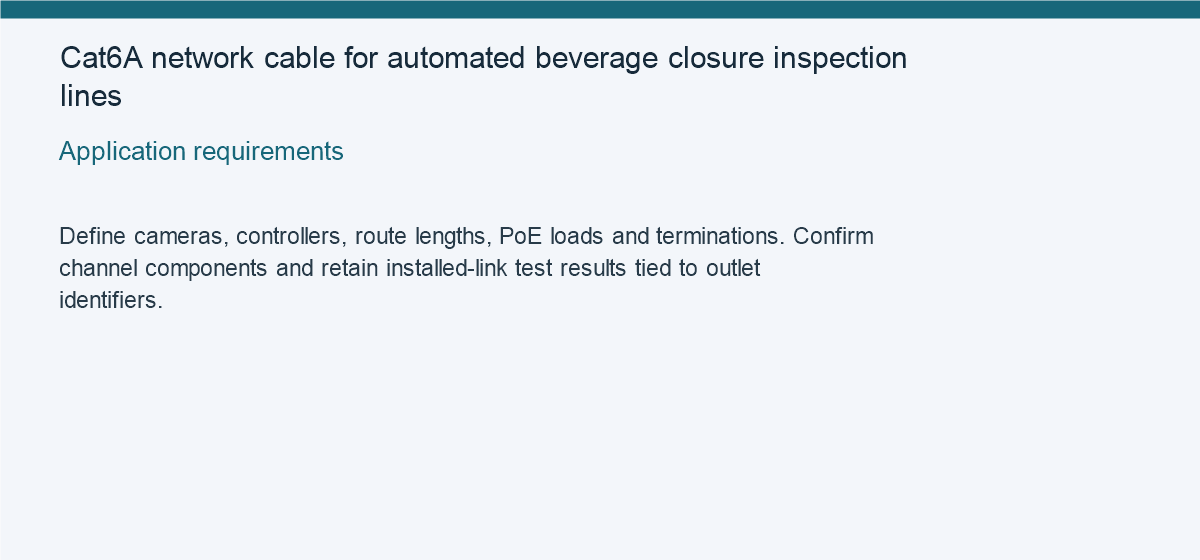 Cat6A network cable for automated beverage closure inspection lines — Application requirements