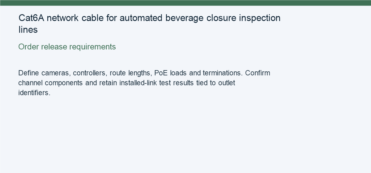 Cat6A network cable for automated beverage closure inspection lines — Order release requirements