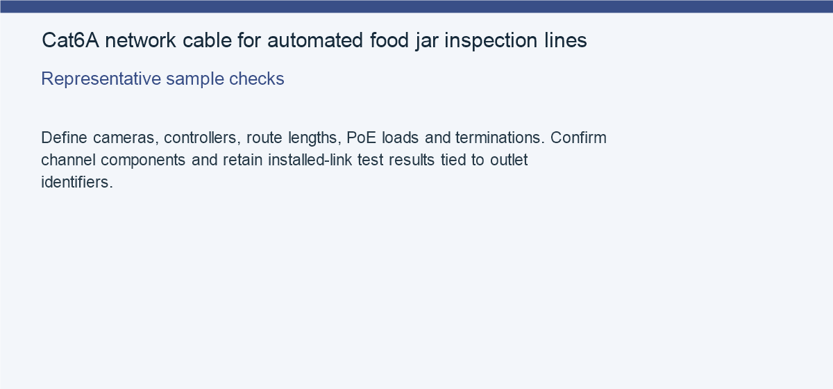 Cat6A network cable for automated food jar inspection lines — Representative sample checks