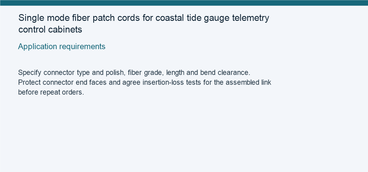 Single mode fiber patch cords for coastal tide gauge telemetry control cabinets — Application requirements