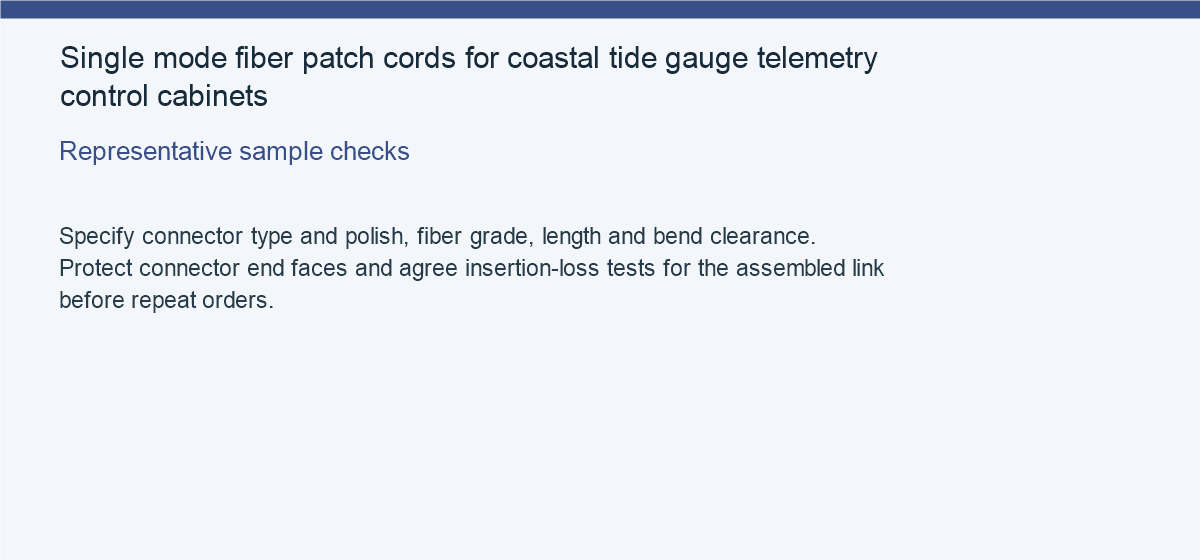 Single mode fiber patch cords for coastal tide gauge telemetry control cabinets — Representative sample checks