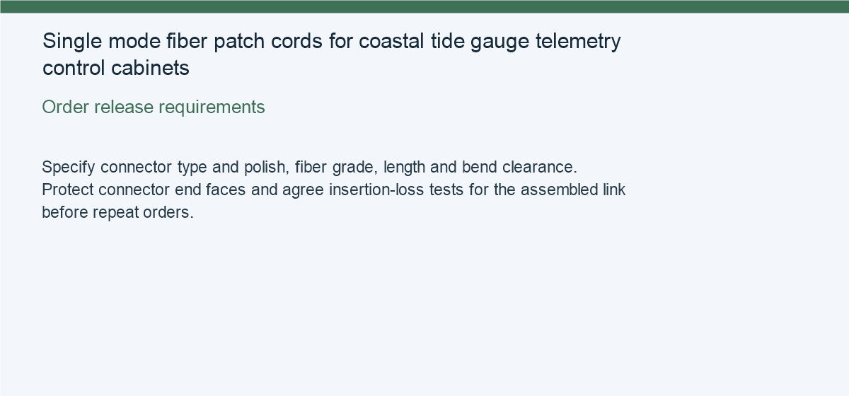 Single mode fiber patch cords for coastal tide gauge telemetry control cabinets — Order release requirements