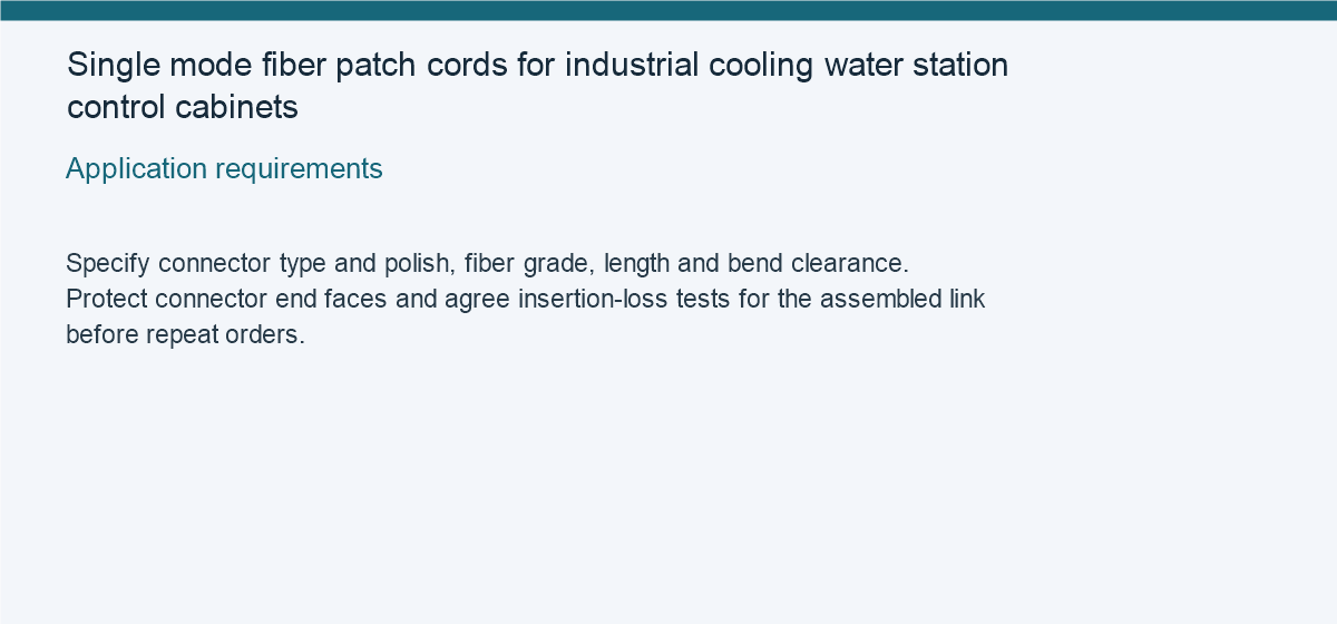 Single mode fiber patch cords for industrial cooling water station control cabinets — Application requirements