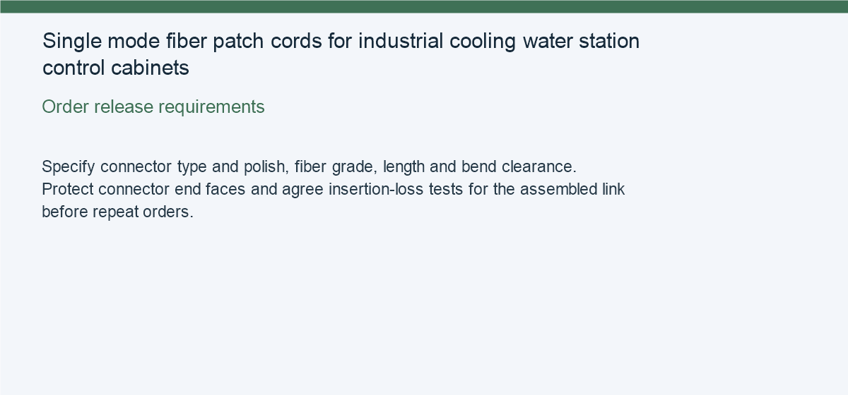 Single mode fiber patch cords for industrial cooling water station control cabinets — Order release requirements