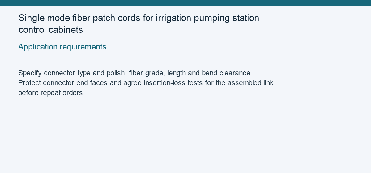 Single mode fiber patch cords for irrigation pumping station control cabinets — Application requirements