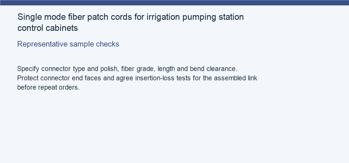 Single mode fiber patch cords for irrigation pumping station control cabinets — Representative sample checks
