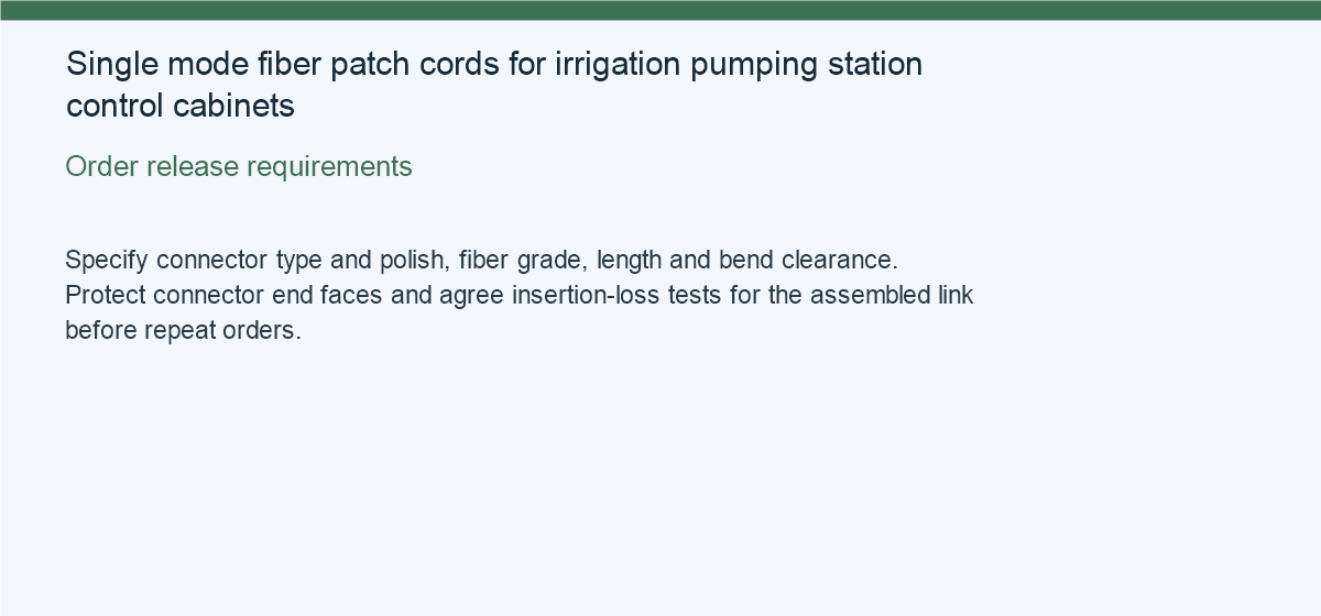 Single mode fiber patch cords for irrigation pumping station control cabinets — Order release requirements