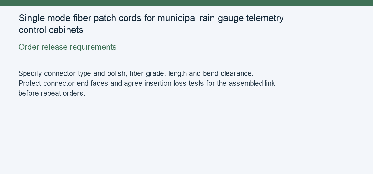 Single mode fiber patch cords for municipal rain gauge telemetry control cabinets — Order release requirements