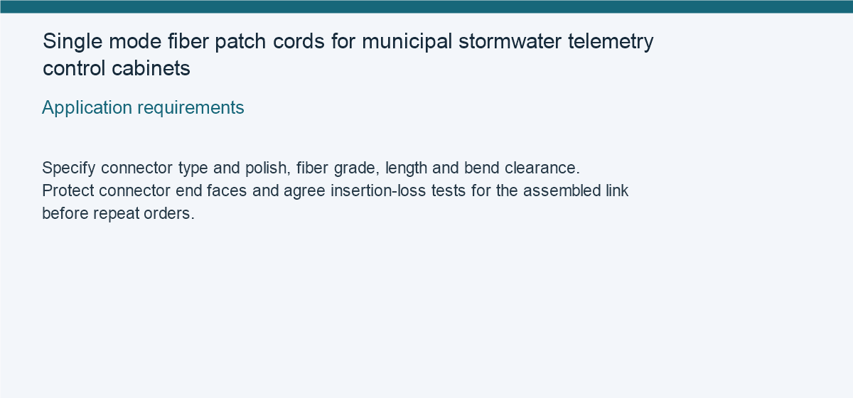 Single mode fiber patch cords for municipal stormwater telemetry control cabinets — Application requirements
