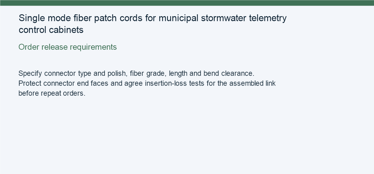 Single mode fiber patch cords for municipal stormwater telemetry control cabinets — Order release requirements