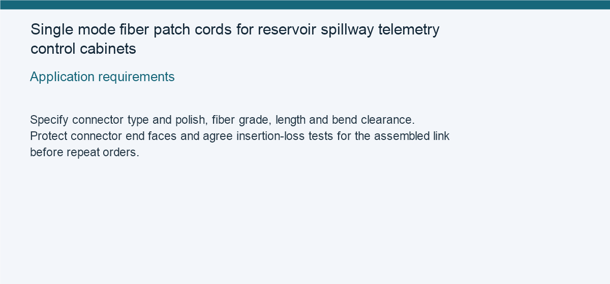 Single mode fiber patch cords for reservoir spillway telemetry control cabinets — Application requirements