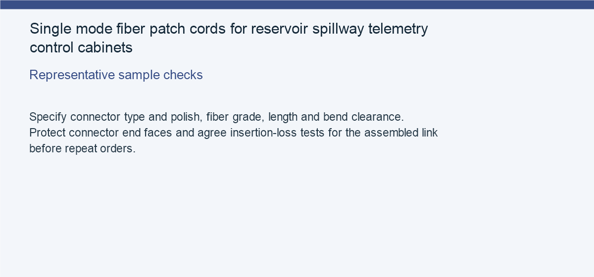 Single mode fiber patch cords for reservoir spillway telemetry control cabinets — Representative sample checks