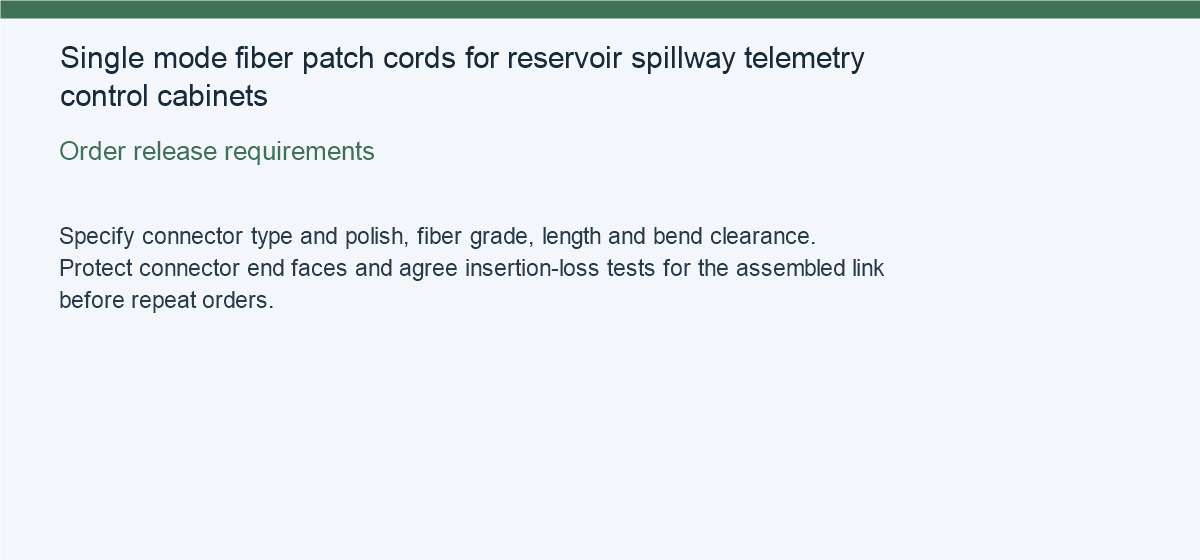 Single mode fiber patch cords for reservoir spillway telemetry control cabinets — Order release requirements