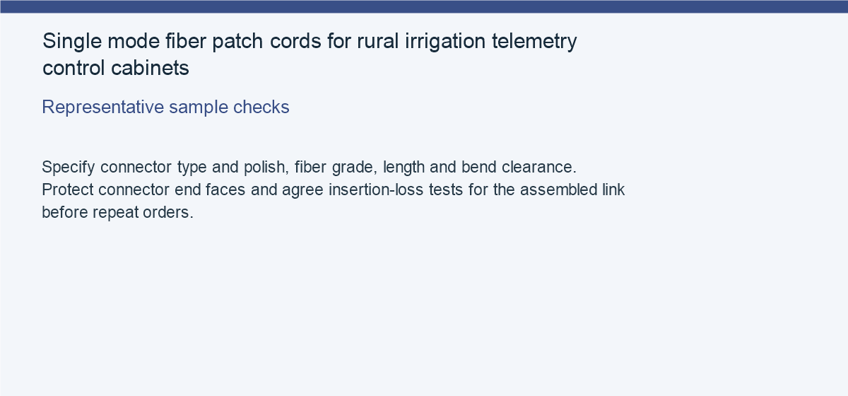 Single mode fiber patch cords for rural irrigation telemetry control cabinets — Representative sample checks