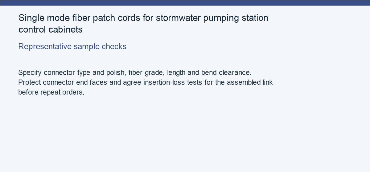 Single mode fiber patch cords for stormwater pumping station control cabinets — Representative sample checks