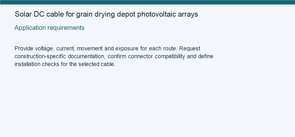 Solar DC cable for grain drying depot photovoltaic arrays — Application requirements