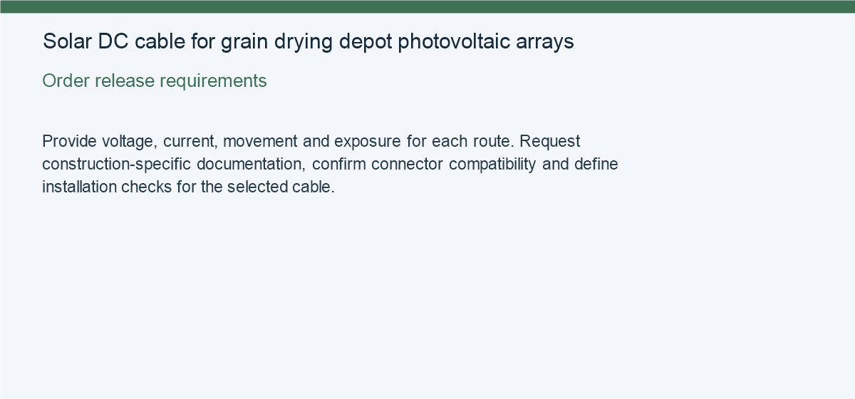 Solar DC cable for grain drying depot photovoltaic arrays — Order release requirements