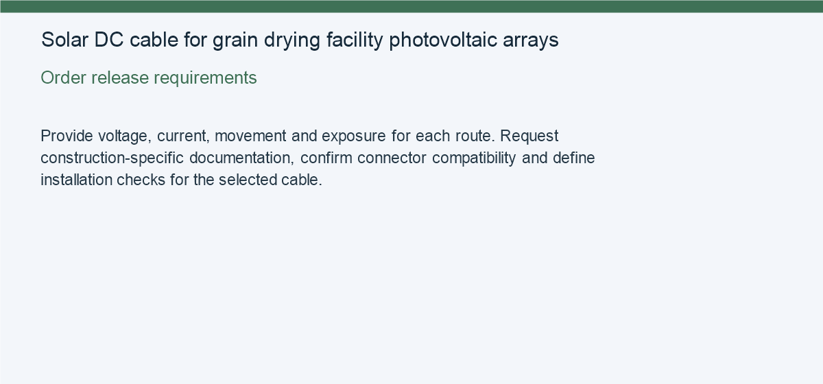 Solar DC cable for grain drying facility photovoltaic arrays — Order release requirements