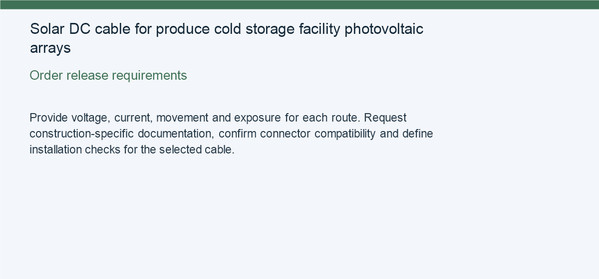 Solar DC cable for produce cold storage facility photovoltaic arrays — Order release requirements