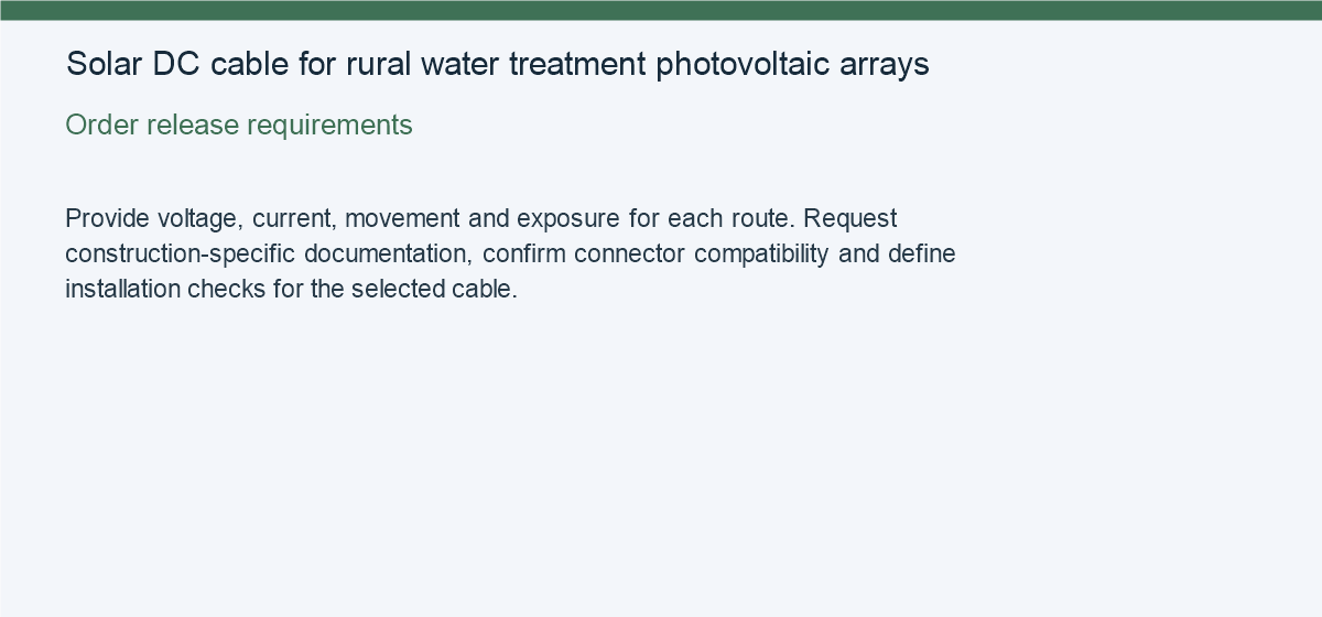 Solar DC cable for rural water treatment photovoltaic arrays — Order release requirements